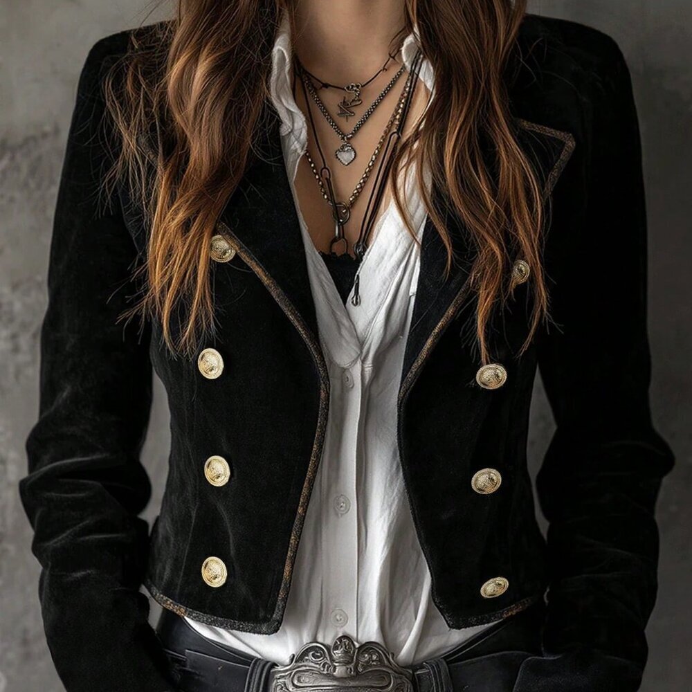 Black Casual Women's Double-Breasted Blazer Vacation